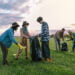 Volunteers collecting trash on green grass field